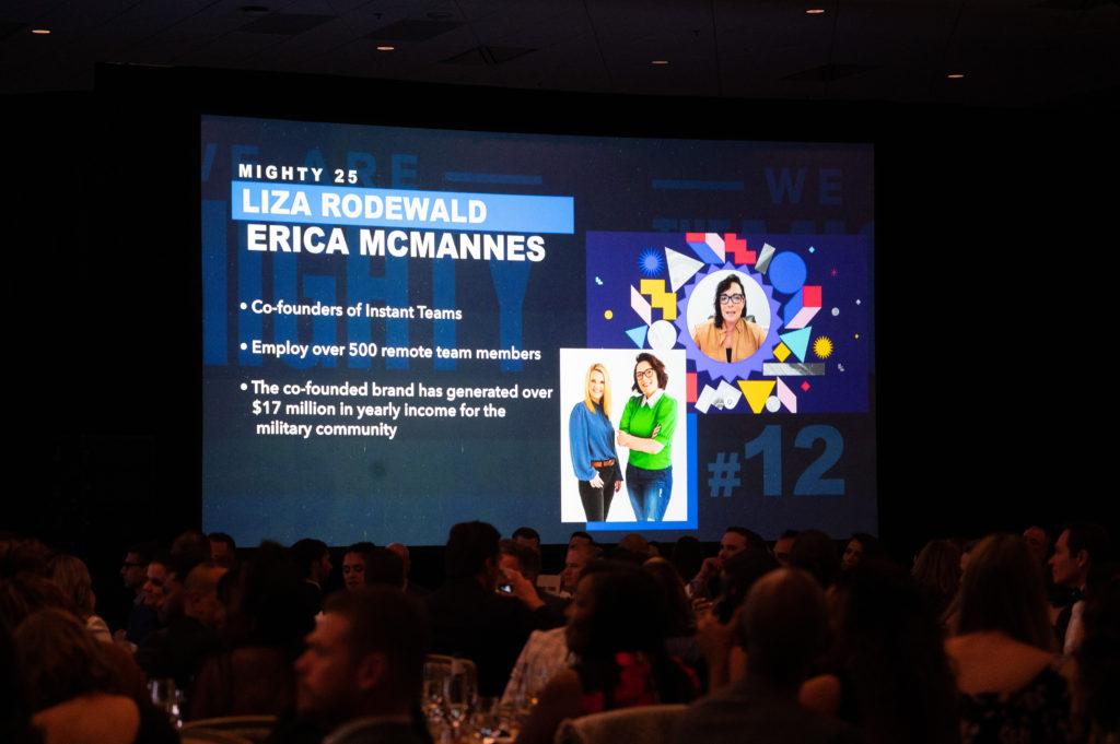 Presentation screen at Gala shows Liza Rodewald and Erica McMannes 