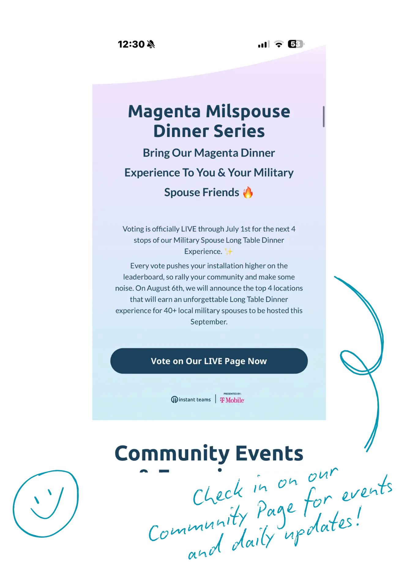 Magenta Milspouse Dinner Series voting page by Instant Teams presented by T-Mobile for military spouse community events