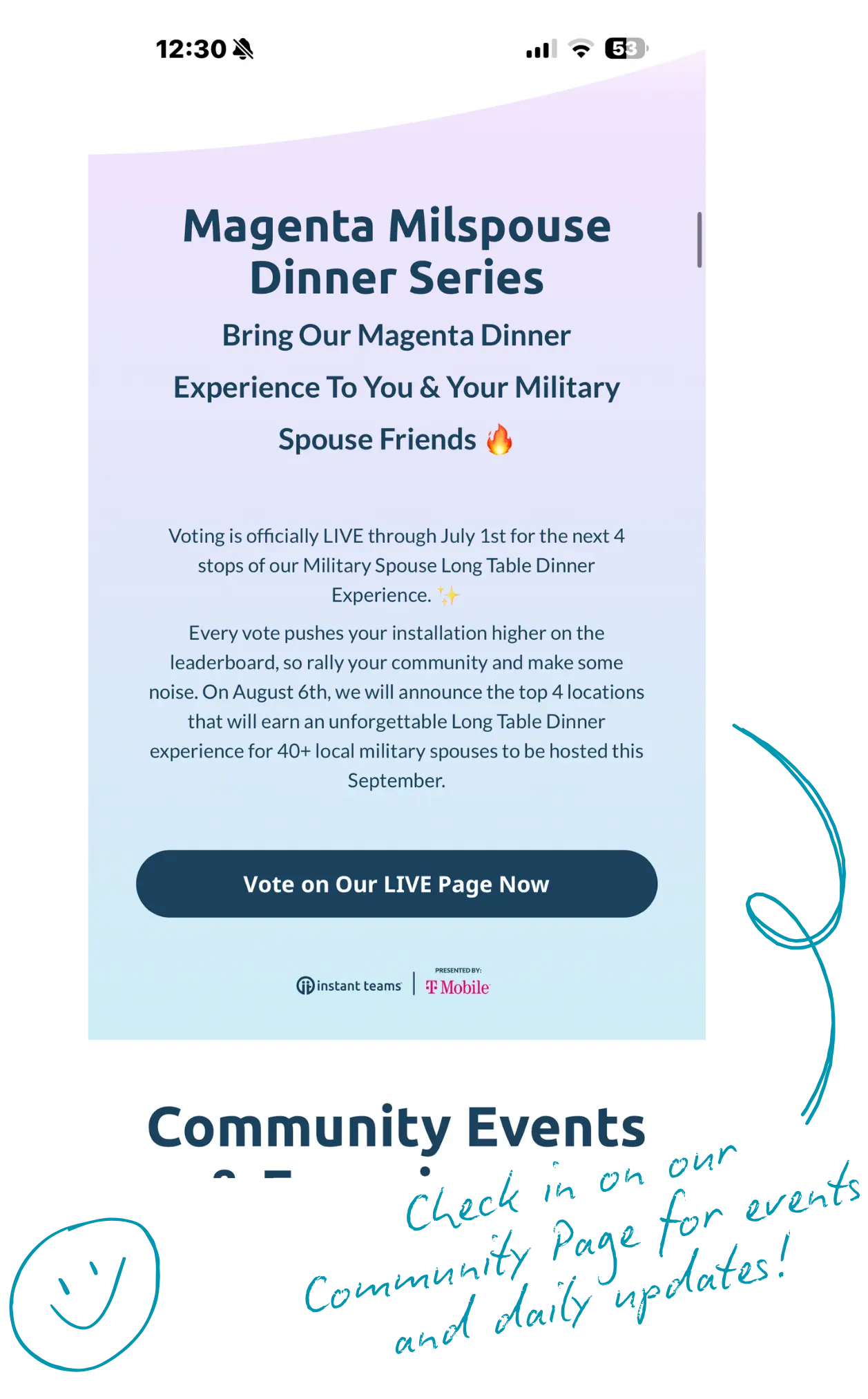 Magenta Milspouse Dinner Series voting page by Instant Teams presented by T-Mobile for military spouse community events